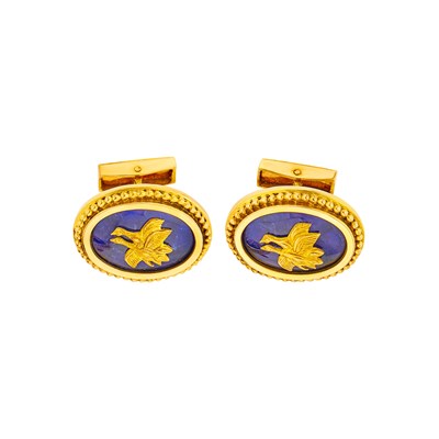 Lot 2124 - Ilias Lalaounis Gold and Sodalite 'Shield of Achilles' Bird Cufflinks