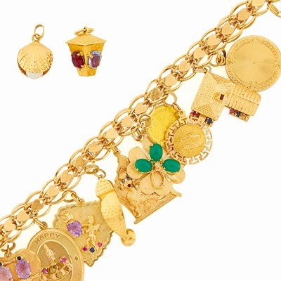 Lot 3191 - Gold and Gem-Set Charm Bracelet and Charms