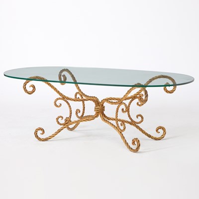 Lot 340 - Gilt-Metal Rope and Tassel Oval Glass Top Low Table