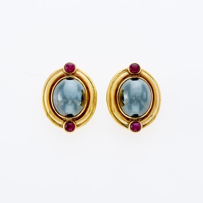 Lot 3067 - Deakin & Francis Pair of Low Karat Gold, Hematite and Cabochon Ruby Earclips