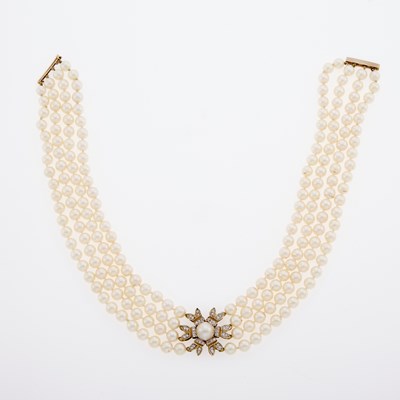 Lot 3283 - Four Strand Cultured Pearl, Gold, Low Karat Gold and Diamond Necklace