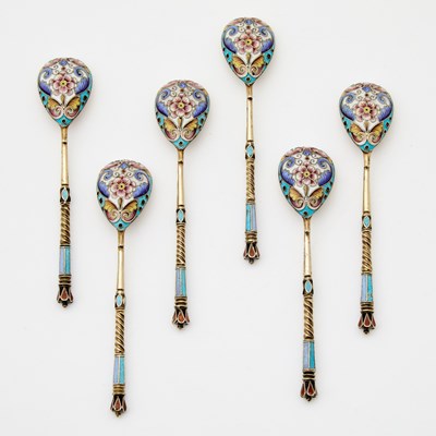 Lot 197 - Set of Six Russian Silver-Gilt and Cloisonné Enamel Spoons