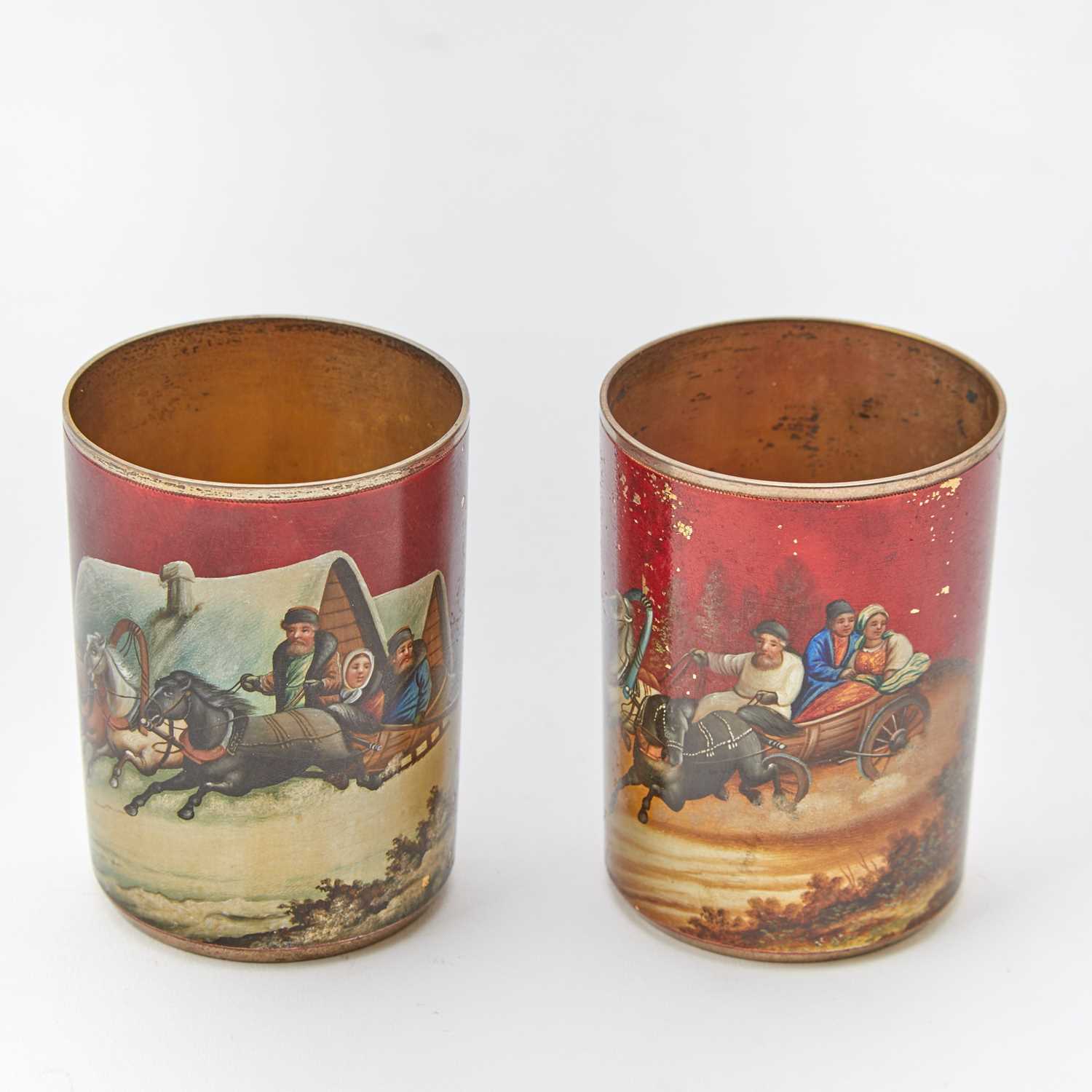 Lot 98 - Pair of Russian Lacquered Silver Cups
