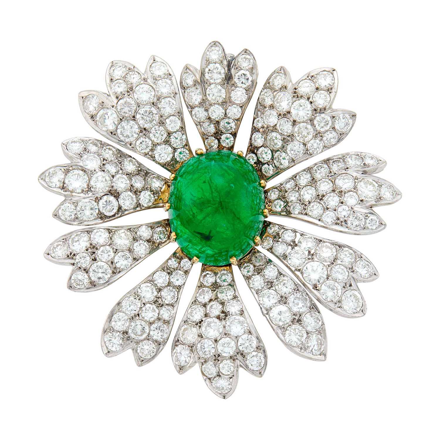 Lot 146 - Platinum, Gold, Cabochon Emerald and Diamond Flower Clip-Brooch