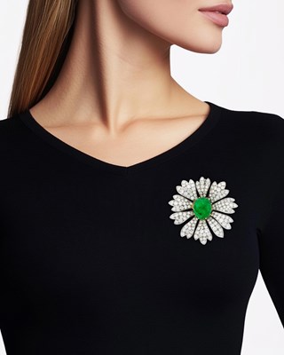 Lot 146 - Platinum, Gold, Cabochon Emerald and Diamond Flower Clip-Brooch