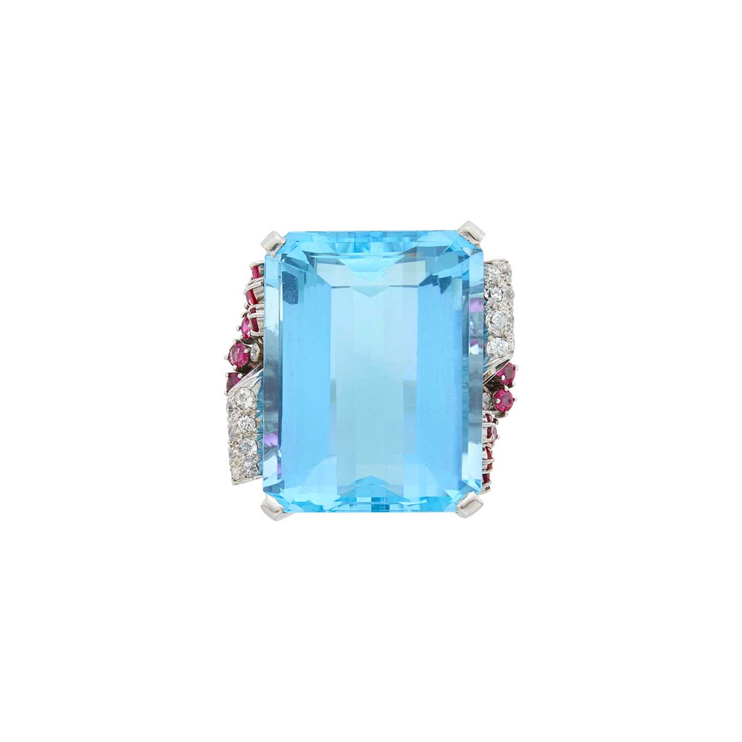 Lot 123 - White Gold, Platinum, Aquamarine, Ruby and Diamond Ring
