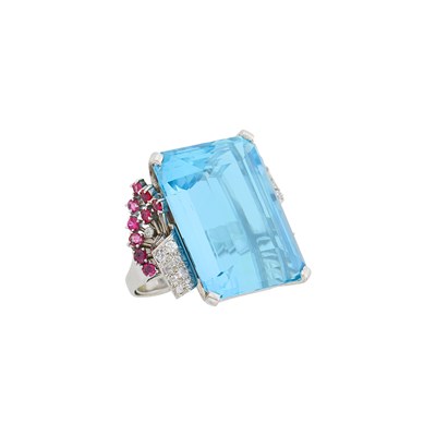 Lot 123 - White Gold, Platinum, Aquamarine, Ruby and Diamond Ring