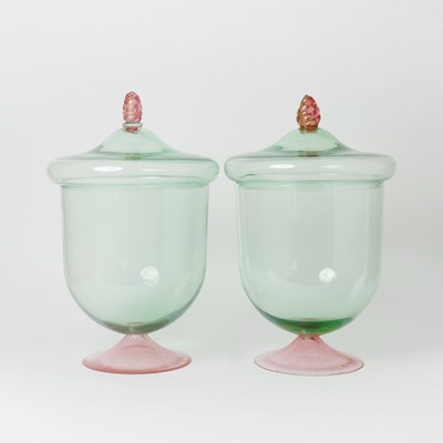 Lot 681 - Two Large Murano Green Translucent and Gold-Flecked Pink Glass Covered Jars