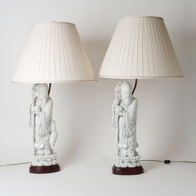 Lot 690 - Two Blanc de Chine Porcelain Figures of Shoulau Mounted as Lamps