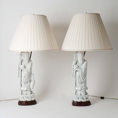 Lot 690 - Two Blanc de Chine Porcelain Figures of Shoulau Mounted as Lamps
