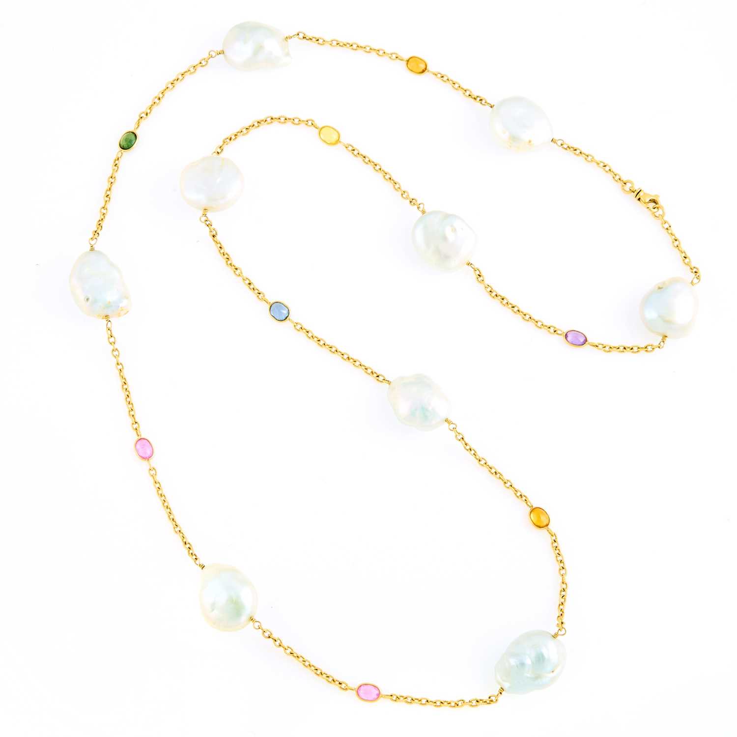 Lot 2076 - Long Gold, Baroque Freshwater Pearl and Multicolored Sapphire Chain Necklace