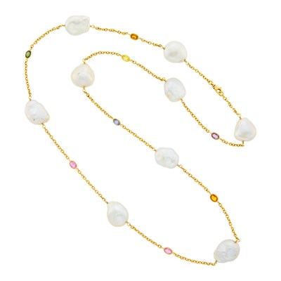 Lot 3053 - Long Gold, Baroque Freshwater Pearl and Multicolored Sapphire Chain Necklace