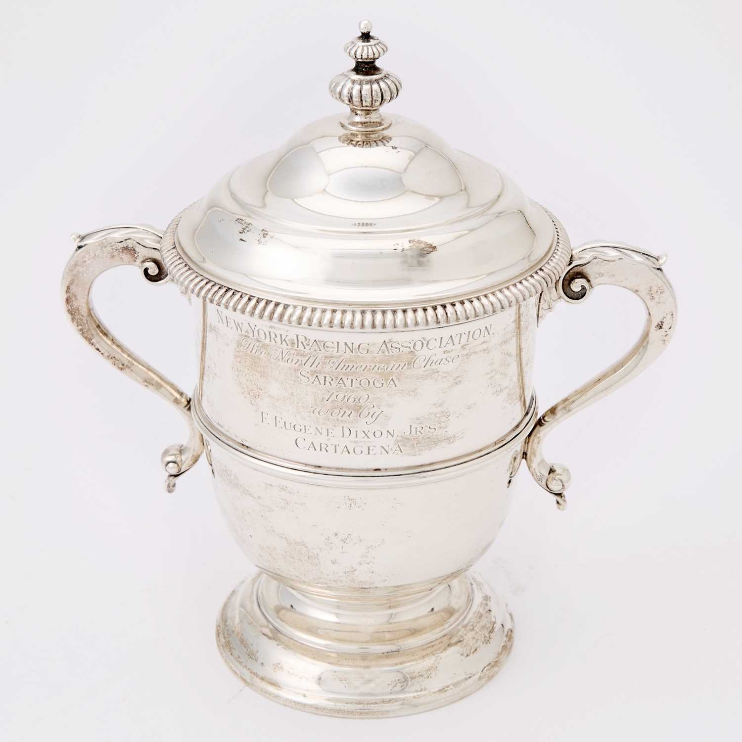 Lot 146 - Horse Racing Interest: Ensko Georgian Style Sterling Silver Two Handled Covered Cup
