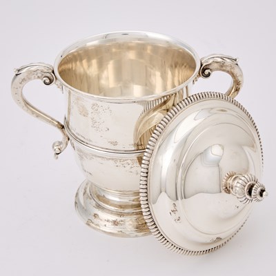 Lot 146 - Horse Racing Interest: Ensko Georgian Style Sterling Silver Two Handled Covered Cup