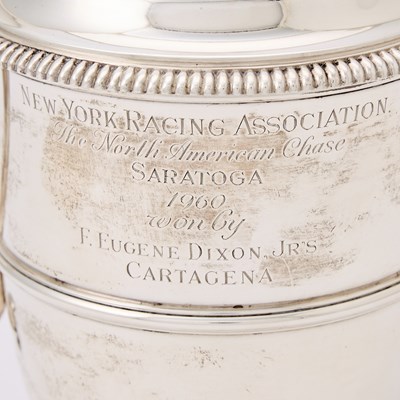 Lot 146 - Horse Racing Interest: Ensko Georgian Style Sterling Silver Two Handled Covered Cup