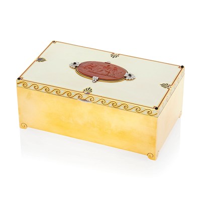 Lot 175 - Cartier Gold, Platinum, Enamel, Carnelian Intaglio, Black Onyx and Diamond Table Box