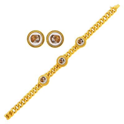 Lot 2045 - Antique Gold and Micromosaic Cavalier King Charles Dog Bracelet, France and Pair of Earrings