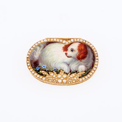 Lot 3164 - Antique Gold, Enamel, Painted Dog Portrait and Seed Pearl Patch Box