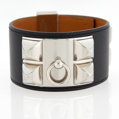 Lot 3064 - Hermès Black Leather and White Metal 'Collier de Chien' Cuff Bracelet