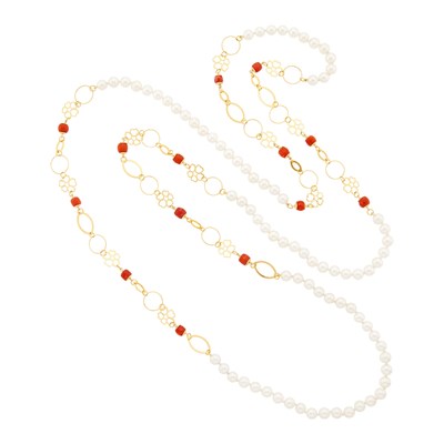 Lot 3246 - Long Gold, Coral and Cultured Pearl Necklace