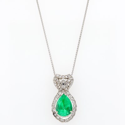 Lot 2137 - White Gold, Emerald and Diamond Pendant with Chain Necklace