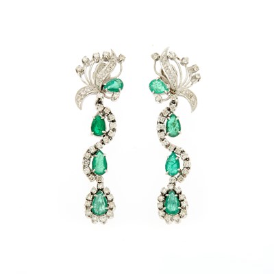 Lot 2108 - Pair of White Gold, Emerald and Diamond Pendant-Earclips