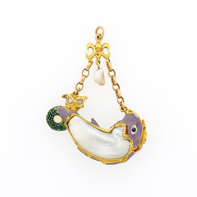 Lot 2225 - Renaissance Revival Gold, Baroque Pearl, Enamel and Diamond Dolphin Pendant