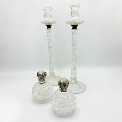 Lot 1161 - Pair of Sterling Silver-mounted Cut Glass Scent Bottles with a Pair of Cut Glass Candlesticks