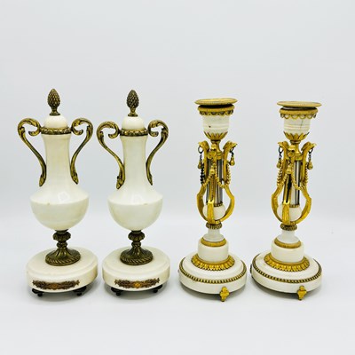 Lot 1202 - Pair of Louis XVI Style Gilt-Bronze and Marble Candlesticks and Pair of Garniture Urns