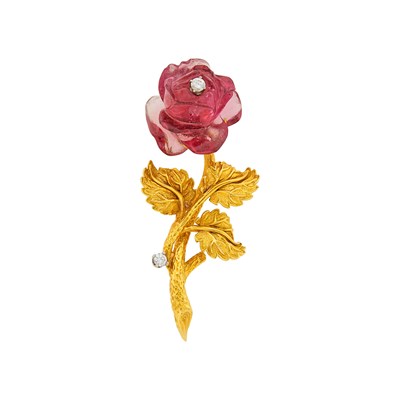 Lot 126 - Van Cleef & Arpels Gold, Carved Pink Tourmaline and Diamond Rose Brooch