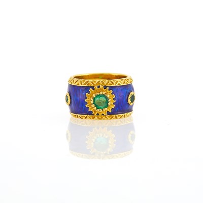 Lot 3243 - Boris LeBeau Wide Gold, Enamel and Emerald Band Ring