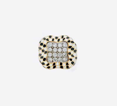 Lot 3238 - Two-Color Gold, Black and White Enamel and Diamond Ring
