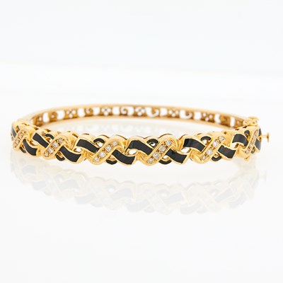 Lot 3112 - Gold, Black Enamel and Diamond Bangle Bracelet