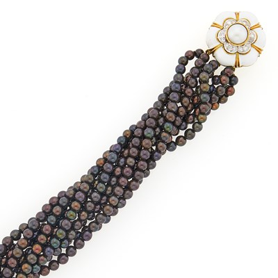 Lot 3077 - Boris LeBeau Multistrand Black Cultured Pearl Bracelet with Gold, White Enamel, Pearl and Diamond Clasp