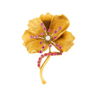 Lot 3192 - Two-Color Gold, Diamond and Ruby Flower Brooch