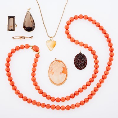 Lot 3322 - Group of Gold, Low Karat Gold, Gold-Filled, Coral and Gem-Set Jewelry