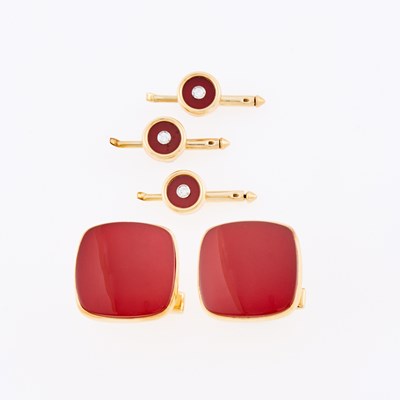 Lot 3294 - Pair of Gold and Carnelian Cufflinks and Three Diamond Shirt Studs
