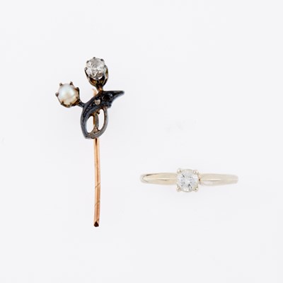 Lot 3323 - White Gold and Diamond Ring and Silver, Diamond and Pearl Pin Fragment