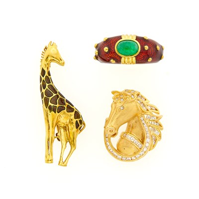Lot 3241 - Two Gold, Enamel and Diamond Animal Pins and Ring