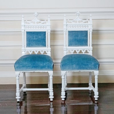 Lot 515 - Pair of Gothic Style White Painted Side Chairs With Blue Velvet Upholstery