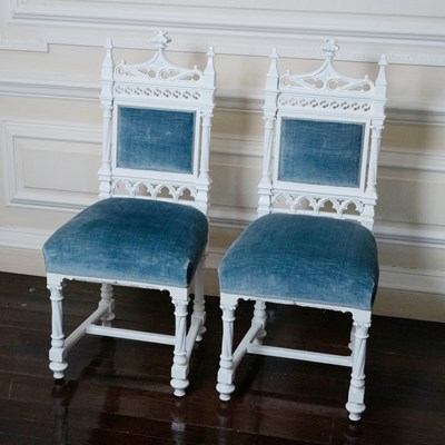 Lot 515 - Pair of Gothic Style White Painted Side Chairs With Blue Velvet Upholstery