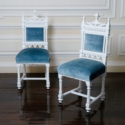 Lot 515 - Pair of Gothic Style White Painted Side Chairs With Blue Velvet Upholstery