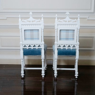 Lot 515 - Pair of Gothic Style White Painted Side Chairs With Blue Velvet Upholstery
