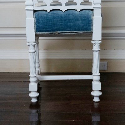 Lot 515 - Pair of Gothic Style White Painted Side Chairs With Blue Velvet Upholstery