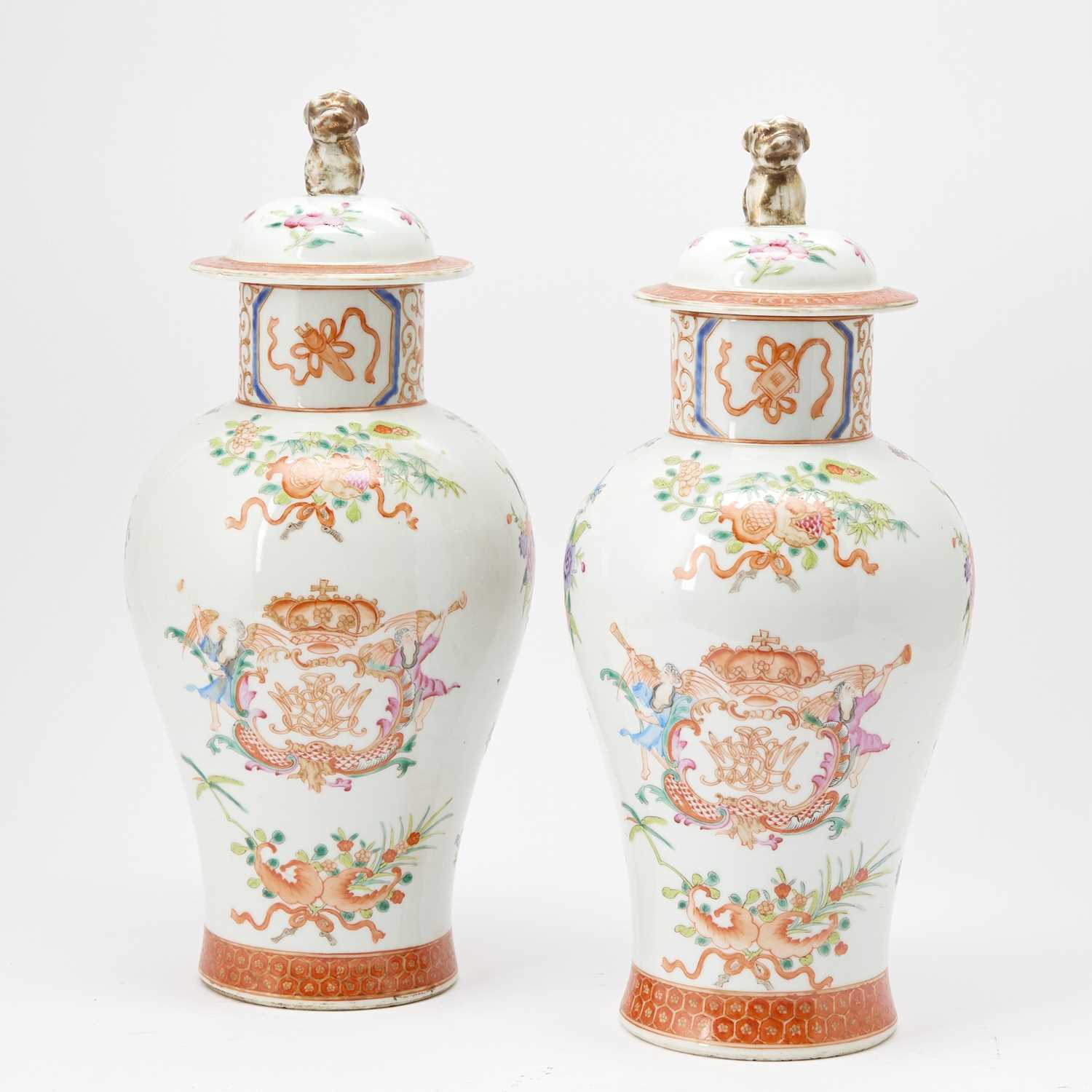 Lot 117 - Pair of Chinese Enameled Porcelain Baluster Vases and Covers