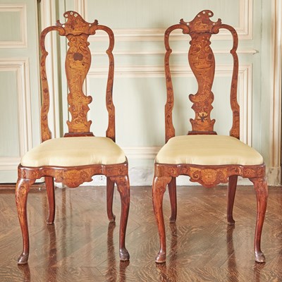 Lot 698 - Pair of Dutch Baroque Style Marquetry Inlaid Walnut Side Chairs