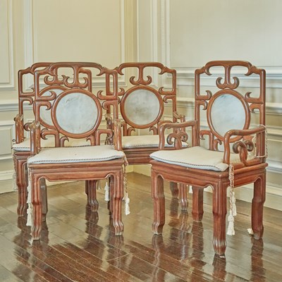 Lot 699 - Set of Four Chinese Marble Inset Hardwood Arm Chairs