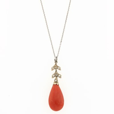 Lot 3273 - White Gold, Coral and Diamond Pendant with Chain Necklace