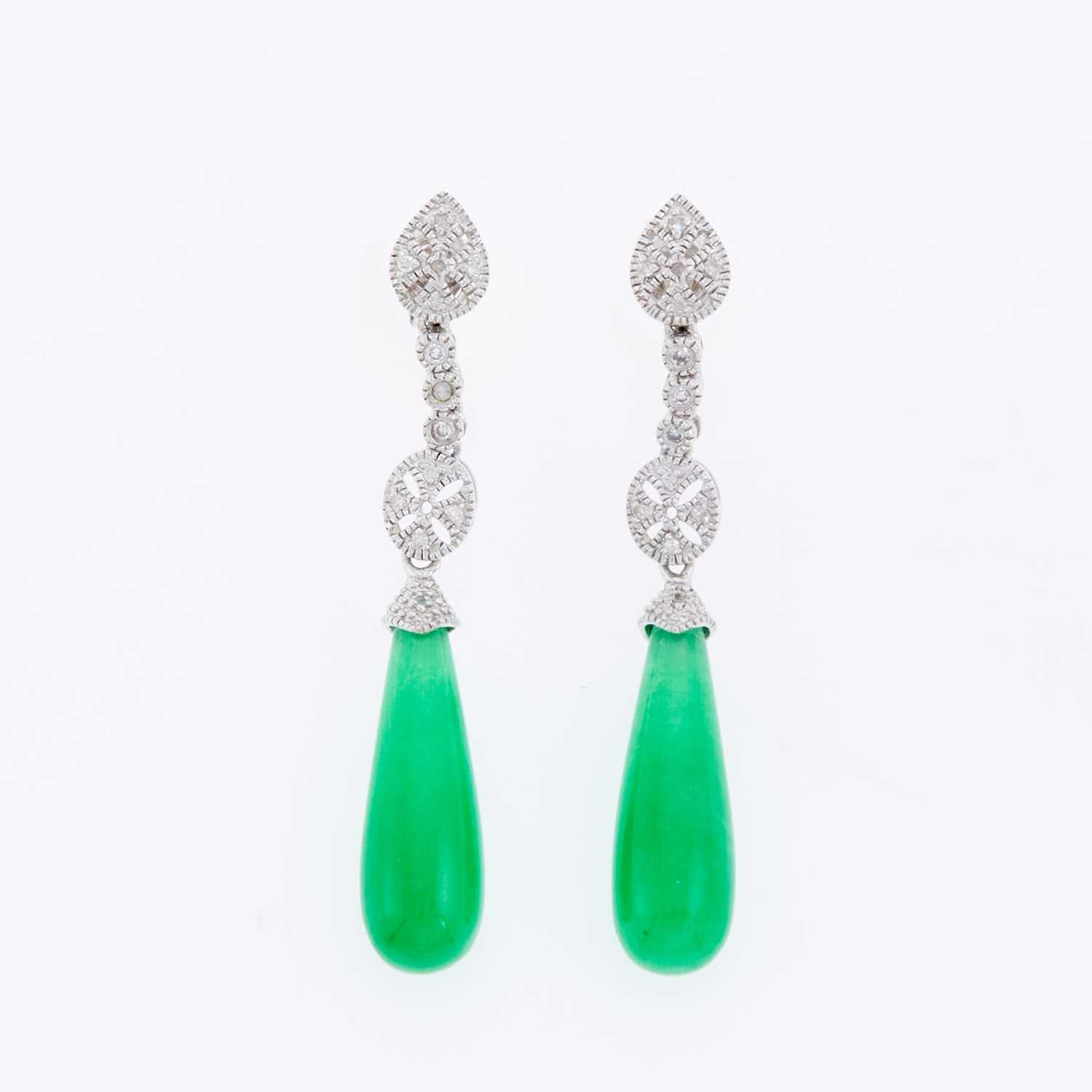 Lot 3138 - Pair of White Gold, Jade and Diamond Pendant-Earrings