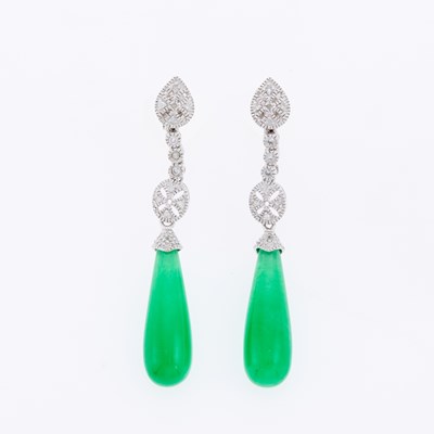 Lot 3138 - Pair of White Gold, Jade and Diamond Pendant-Earrings